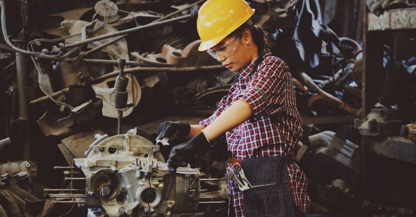 Machinery Maintenance - Woman Wears Yellow Hard Hat Holding Vehicle Part