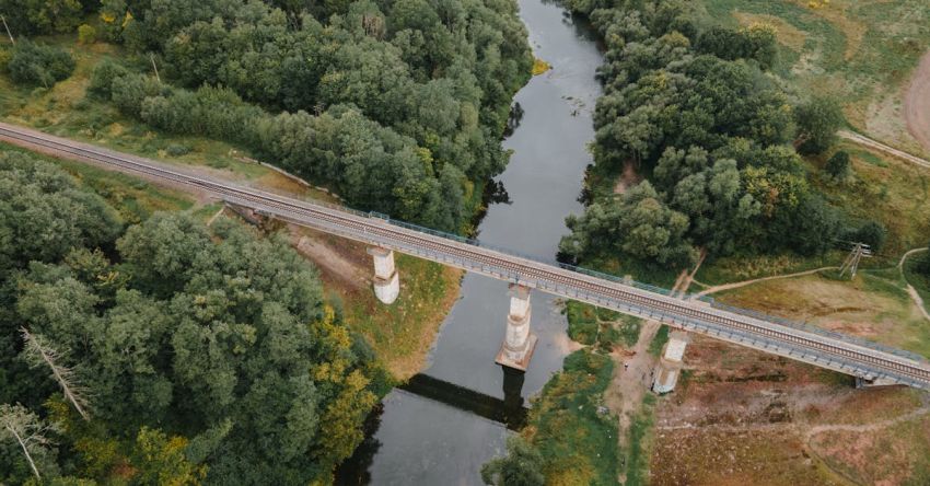 Irrigation Systems - Aerial Footage of Train Tracks over Water Canal