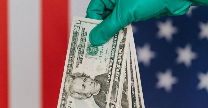 Crop Protection - Unrecognizable person wearing green latex glove showing heap of USA banknotes on blurred background of national flag of United States