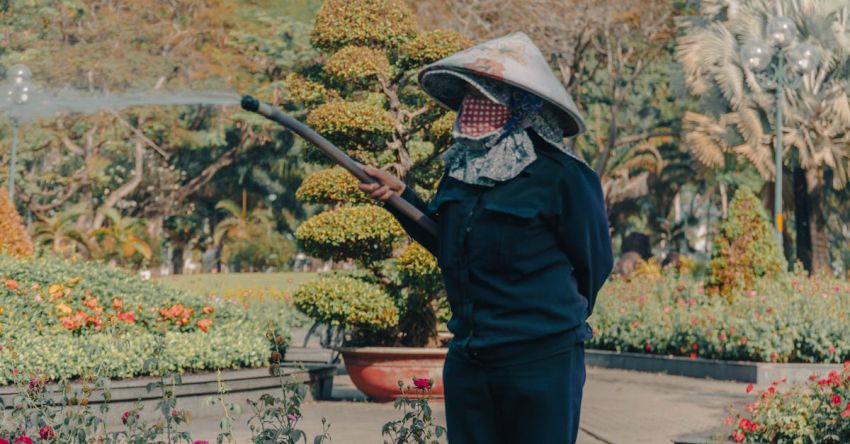 Pesticides - Photo of a Man Wearing a Pointed Hat and Protection Mask Spraying Pesticides in a Garden